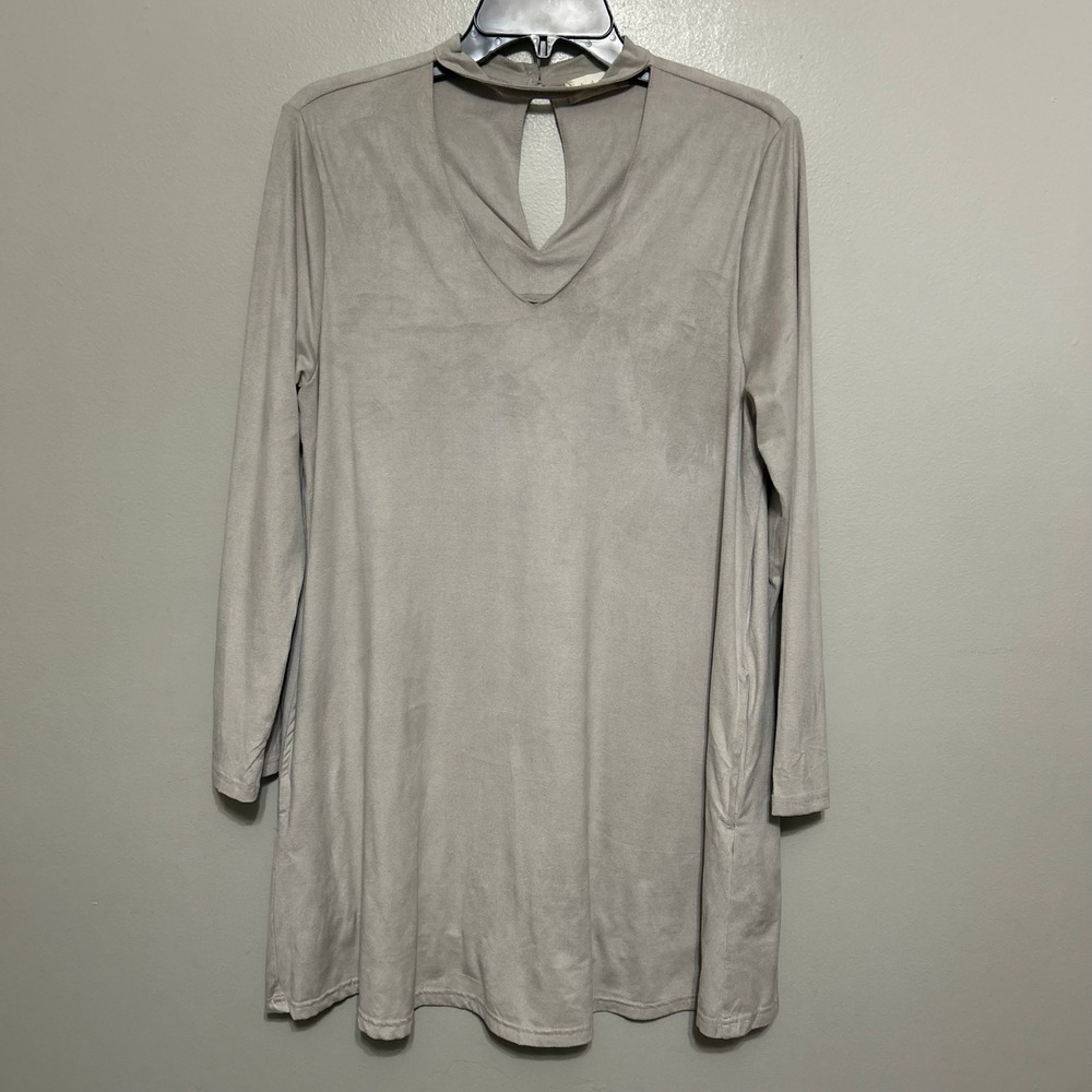 Altar'd State Dress S Gray Faux Suede Tunic Choker V-Neck Cutout Boho Neutral